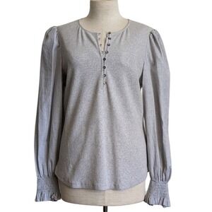 Rebecca Taylor LA VIE Gray Ribbed Puff Sleeve Henley Top Size S